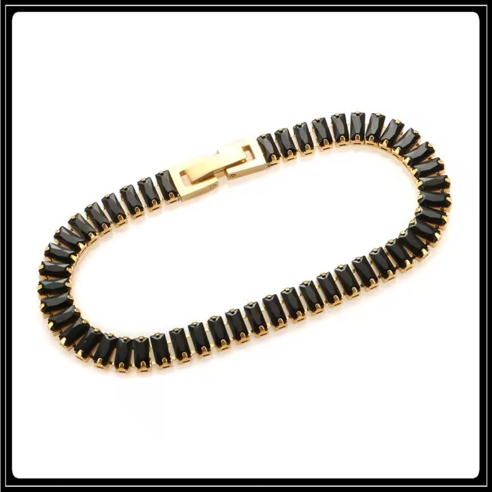 NEW 14K GOLD SQUARE CUT BAGUETTE PAVE SIMULATED ONYX STONE TENNIS BRACELET - Picture 4 of 6